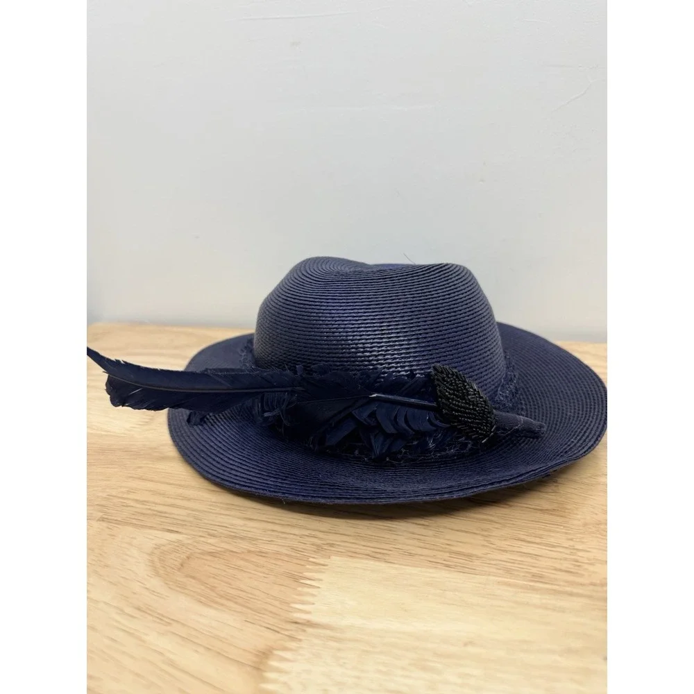 Vtg Miss Bierner Blue Hat Embellished Feathers Netting Woven 11 Inches Diameter‎